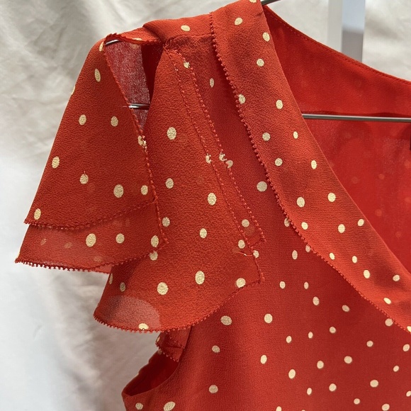 Cynthia Howie Womens 4 Blouse Red white polka dots petal sleeve Lined 100% Silk - Picture 4 of 11
